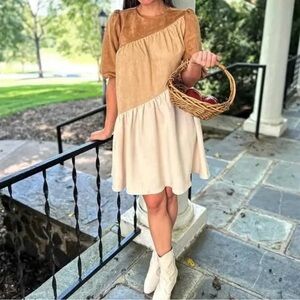 THML Faux Suede Colorblock Dress Asymmetrical  Puff Sleeves Size M NWOT Rare